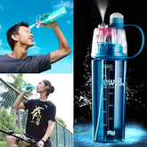 Blue water bottle with mist sprayer feature, used by a man and woman outdoors.
